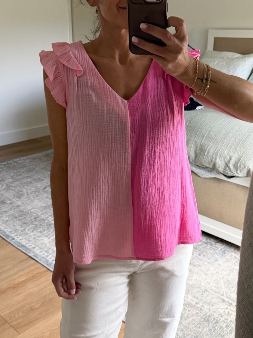 BiBi Two-Tone Pink Ruffle V-Neck Blouse - Picture 2 of 6